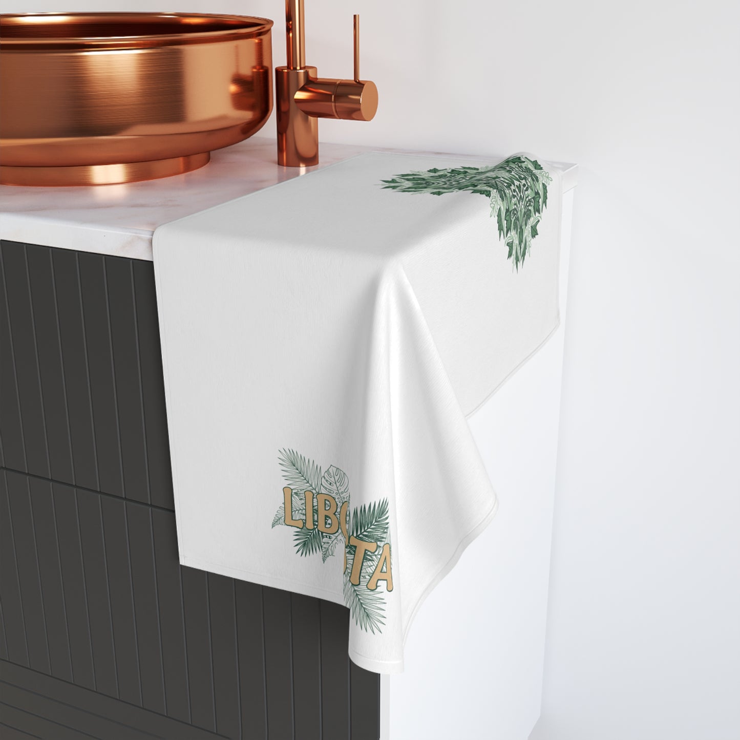 Botanical Mandala Hand Towel — Green Leaf Floral Design with “LIBCOSTA” Accent